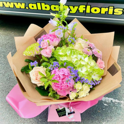 Pink Meadow - Packed with stunning peonies, hydrangeas and seasonal pastel flowers, this bouquet from Albany Florists brings beautiful garden-inspired luxury with a soft elegant feel.  Peonies will be substituted on a florist choice basis when out of season.